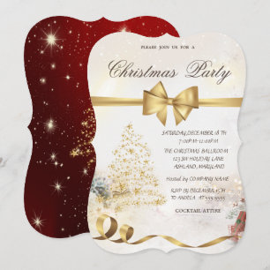 Invitation Étoile chic arbre de Noël, ruban, rouge, fête de N