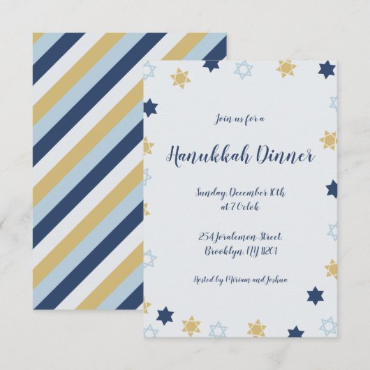 Invitation Étoile de David | Dîner de Hanoukka bleu et or (Devant / Derrière)