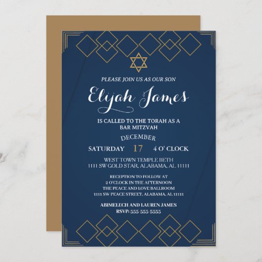 Invitation Étoile de David moderne élégante en or Bar Mitzvah (Devant / Derrière)