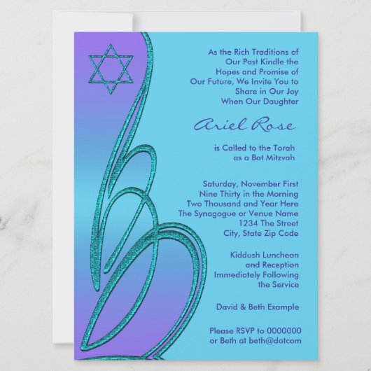 Invitation Étoile de David violette sarcelle pour Bat Mitzvah (Devant)