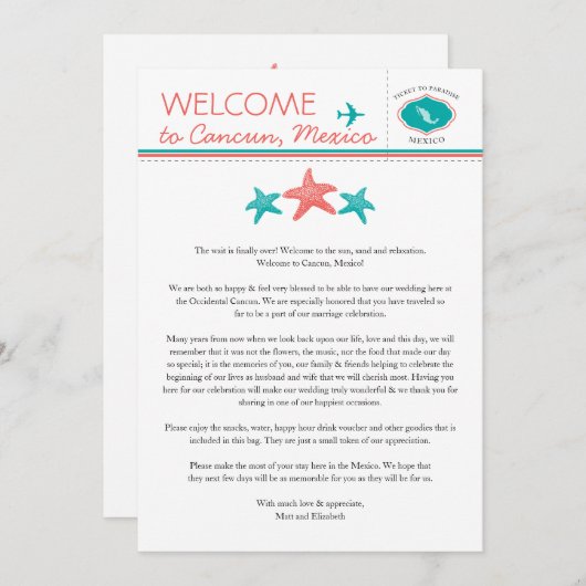 Invitation Étoile de mer corail sarcelle Mariage Bienvenue au (Devant / Derrière)