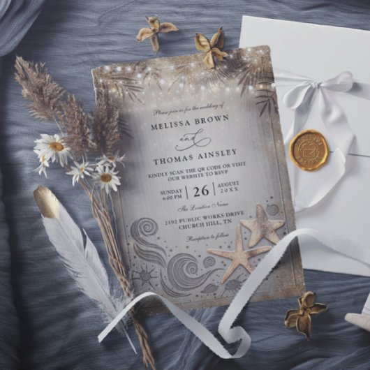 Invitation Étoile de mer dorée Mariage tropical chic code QR
