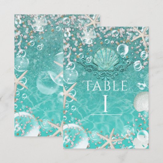 Invitation Étoile de mer enchantée sarcelle et numéro de tabl (Devant / Derrière)
