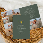 Invitation Étoile de Noël Année en revue Photo Collage<br><div class="desc">Cette carte de vacances verte minimaliste moderne présente une simple étoile de Noël couleur or avec un message de voeux de Noël religieux modifiable et votre nom personnalisé sur un arrière - plan vert classique. L'intérieur comprend un collage photo de famille, et éditable année dans le commentaire de vacances pour...</div>