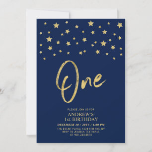 Invitation Étoile d'Or Fête d'anniversaire Navy Blue One 1e