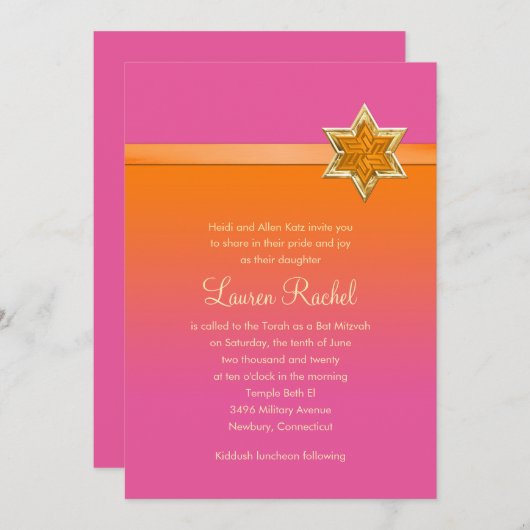 Invitation Étoile et ruban orange ombre bat mitzvah (Devant / Derrière)