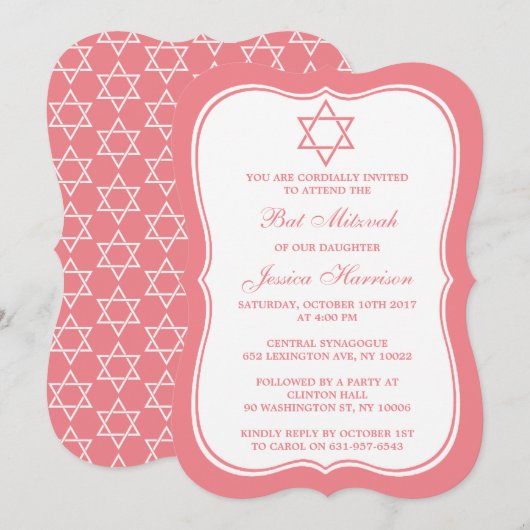 Invitation Étoile Juive Rose Et Blanc De David Bat mitzvah (Devant / Derrière)
