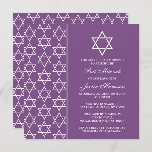 Invitation Étoile Juive Violet Et Blanche De David Bat mitzva (Devant / Derrière)