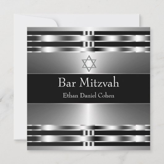 Invitation Étoile noire d'argent de David Bar Mitzvah (Devant)