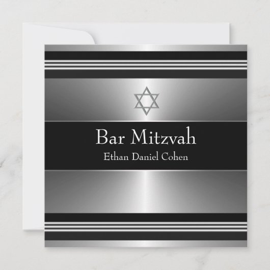 Invitation Étoile noire d'argent de David Bar Mitzvah (Devant)