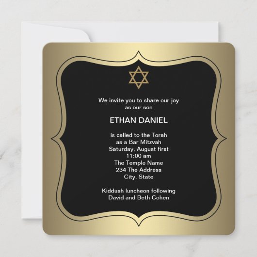 Invitation Étoile noire et or de David Bar Mitzvah (Devant)