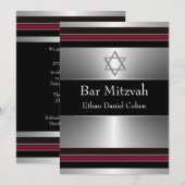 Invitation Étoile noire rouge argent de David Bar Mitzvah (Devant / Derrière)