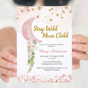 Invitation Étoile rose pâle et Baby shower lune