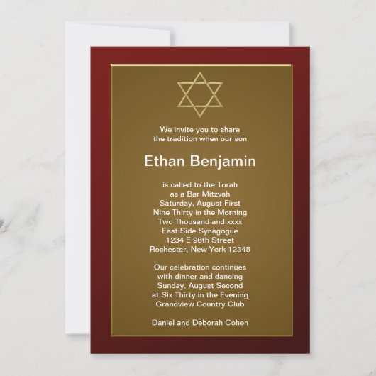 Invitation Étoile rouge de David Bar Mitzvah (Devant)
