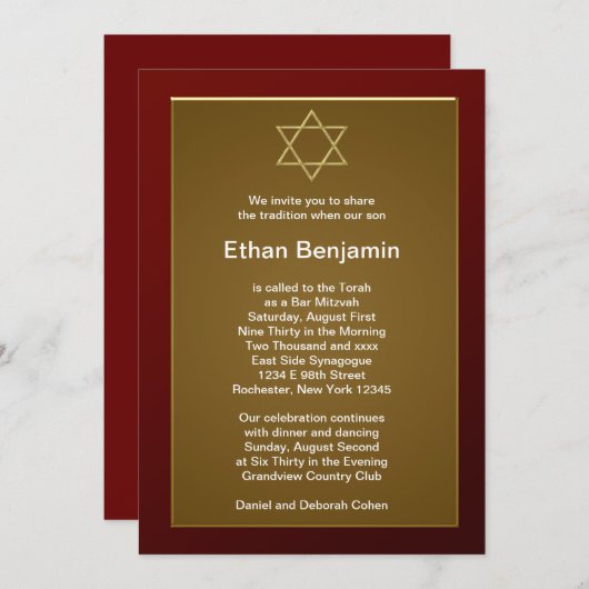 Invitation Étoile rouge de David Bar Mitzvah (Devant / Derrière)