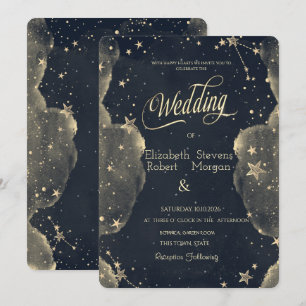 Invitation Étoile Soleil Et Lune Nuages Mariage Or Céleste