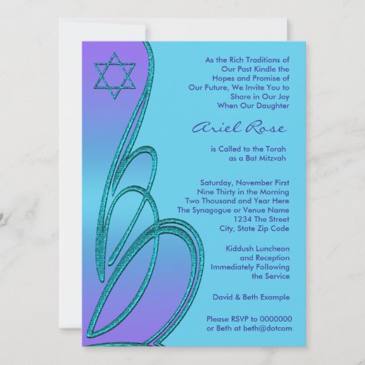 Invitation Étoile Turquoise violette de David Bat mitzvah (Devant)