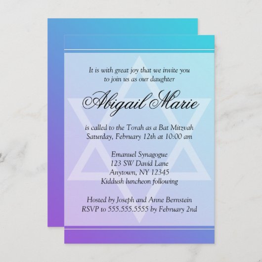 Invitation Étoile violette turquoise de David Bat mitzvah (Devant / Derrière)