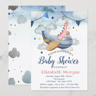 Invitation Etoiles Aquarelle, Nuages, Baby shower Dino Avion
