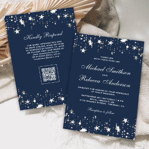 Invitation Étoiles Argent Confettis Bleu Nuit Code QR Mariage