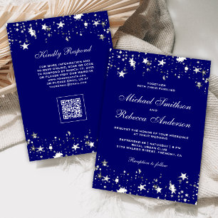 Invitation Étoiles Argentées Confettis Bleu Royal Code QR Mar