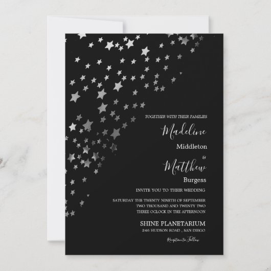 Invitation Étoiles Astrales Argent Mariage Soirée Noire (Devant)