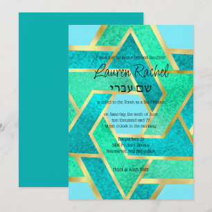 Invitation Étoiles bat mitzvah en calque de David Turquoise A