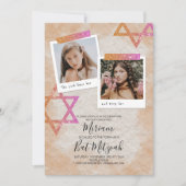 Invitation Étoiles Bat mitzvah rose, crémeuse (Devant)