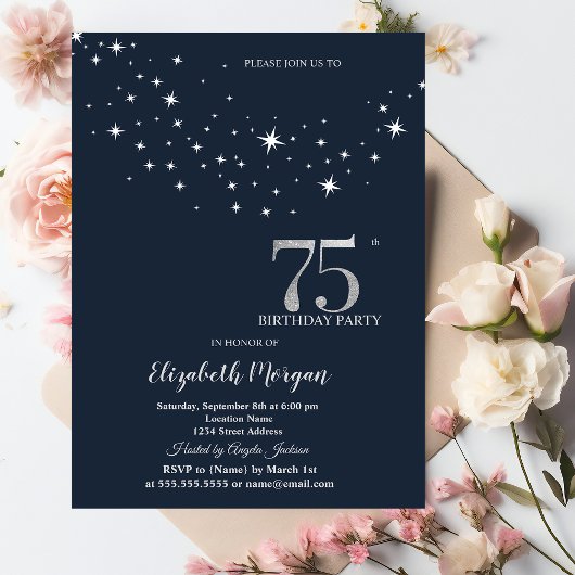 Invitation Étoiles Blanches Simples Fête d'Anniversaire Bleue