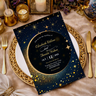 Invitation Étoiles bleues de minuit Lune halo céleste mariage