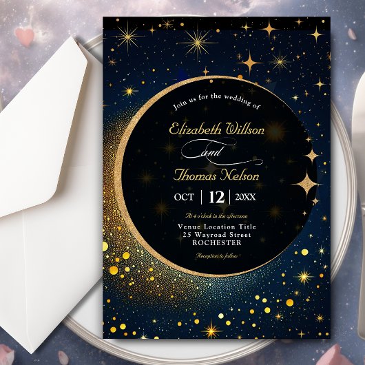 Invitation Étoiles bleues de minuit Lune halo céleste mariage