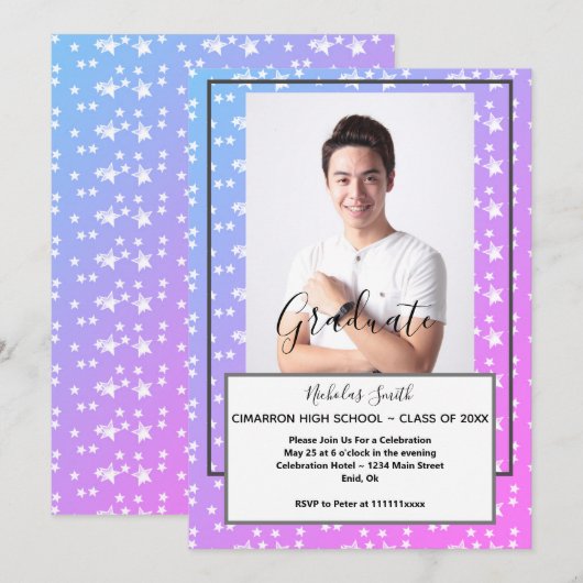 INVITATION ÉTOILES BLEUES MODERNES MALE GRAD | PARTIE DE DIPL (Devant / Derrière)
