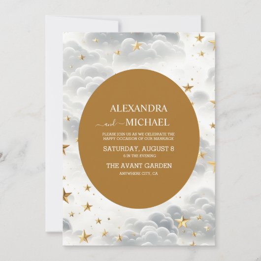 Invitation Étoiles céleste blanche et or Lune et Mariage sole (Devant)