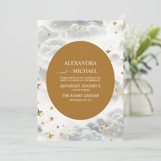 Invitation Étoiles céleste blanche et or Lune et Mariage sole (Debout devant)