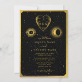 Invitation Étoiles célestes Crescent Lune Mariage d'or noir (Devant)