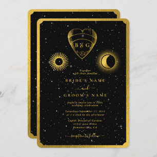 Invitation Étoiles célestes Crescent Lune Mariage d'or noir