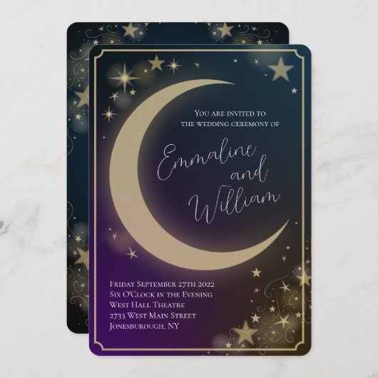 Invitation Étoiles célestes de lune Mariage bleu pourpre bleu (Devant / Derrière)