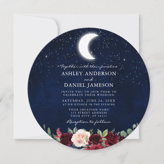 Invitation Étoiles célestes de lune Mariage floral rond (Devant)