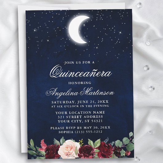 Invitation Étoiles célestes de lune Quinceanera florale