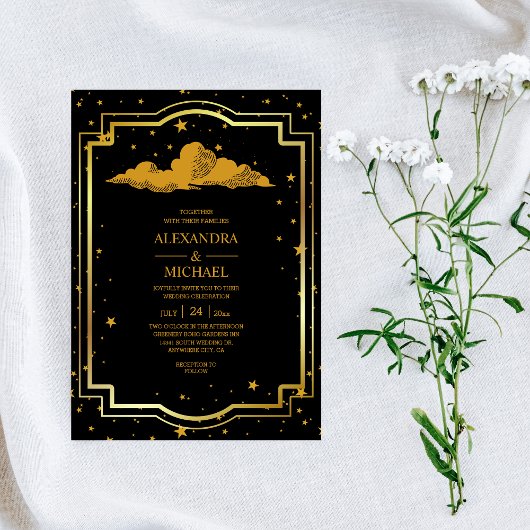 Invitation Étoiles célestes en or noir mystique Mariage Invit