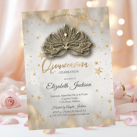 Invitation Etoiles célestes masques Quinceanera or