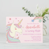 Invitation Étoiles Ciel Rose Cute Unicorn Anniversaire (Debout devant)