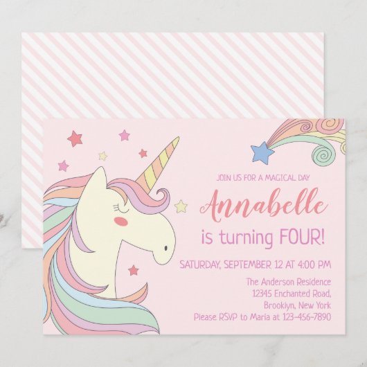 Invitation Étoiles Ciel Rose Cute Unicorn Anniversaire (Devant / Derrière)