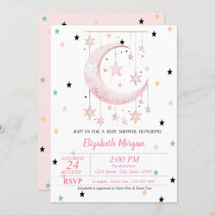 Invitation Étoiles colorées Baby shower Lune rose