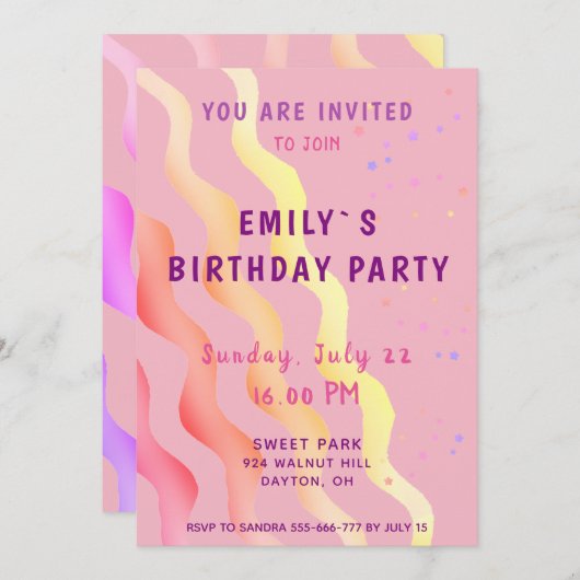 Invitation Étoiles colorées et vagues Fille rose fête d'anniv (Devant / Derrière)
