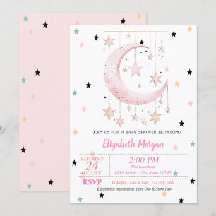 Invitation Étoiles Colorées Fête de Bébé Lune Rose