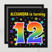 Invitation Étoiles colorées + Motif arc-en-ciel "12" Annivers (Devant / Derrière)
