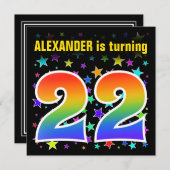 Invitation Étoiles colorées + Motif arc-en-ciel "22" Annivers (Devant / Derrière)