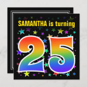Invitation Étoiles colorées + Motif arc-en-ciel "25" Annivers (Devant / Derrière)