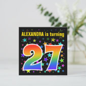 Invitation Étoiles colorées + Motif arc-en-ciel "27" Annivers (Debout devant)